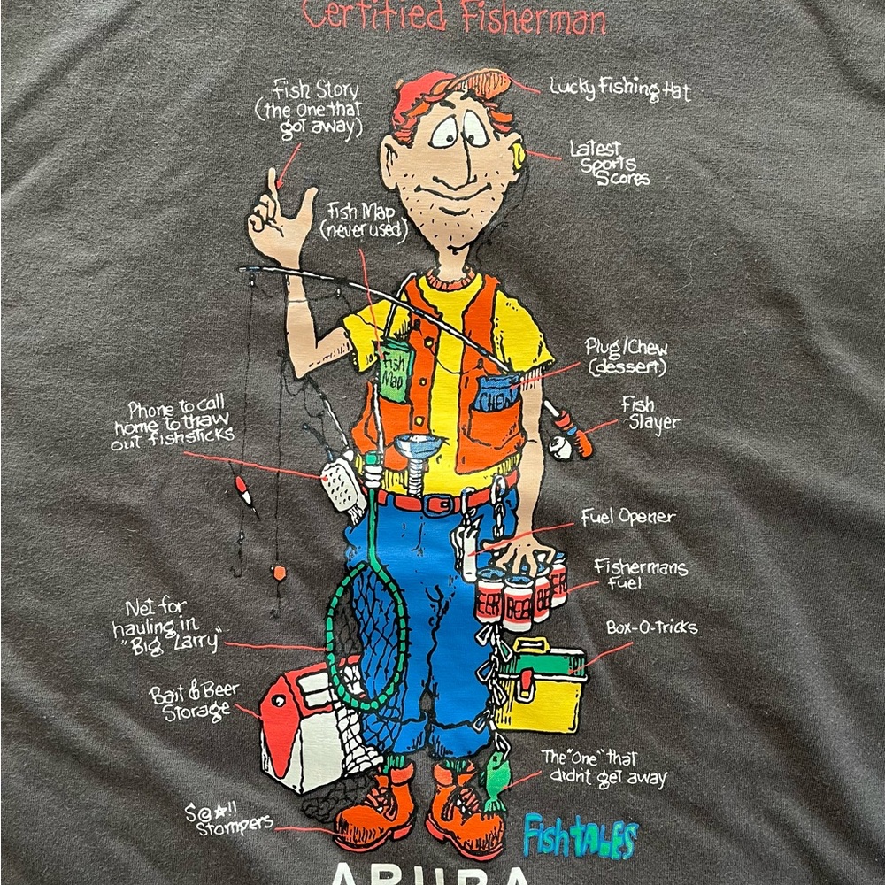 Gray and Red Cartoon Illustration Art . Aruba certified Fisherman t-shirt